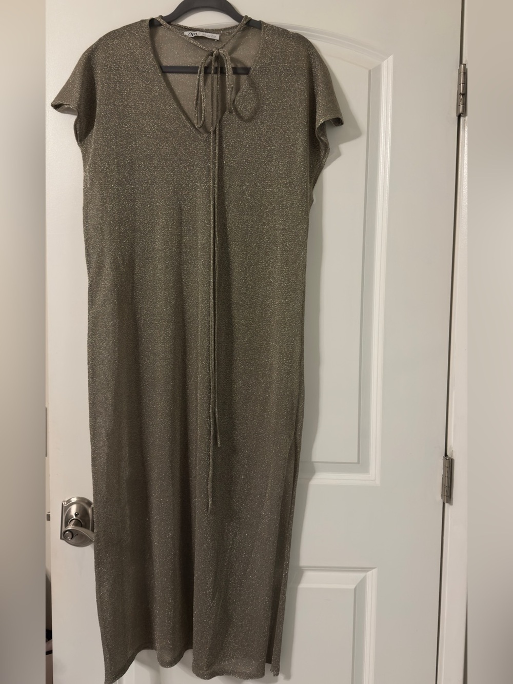 Zara Metallic Tie-Neck Maxi Dress